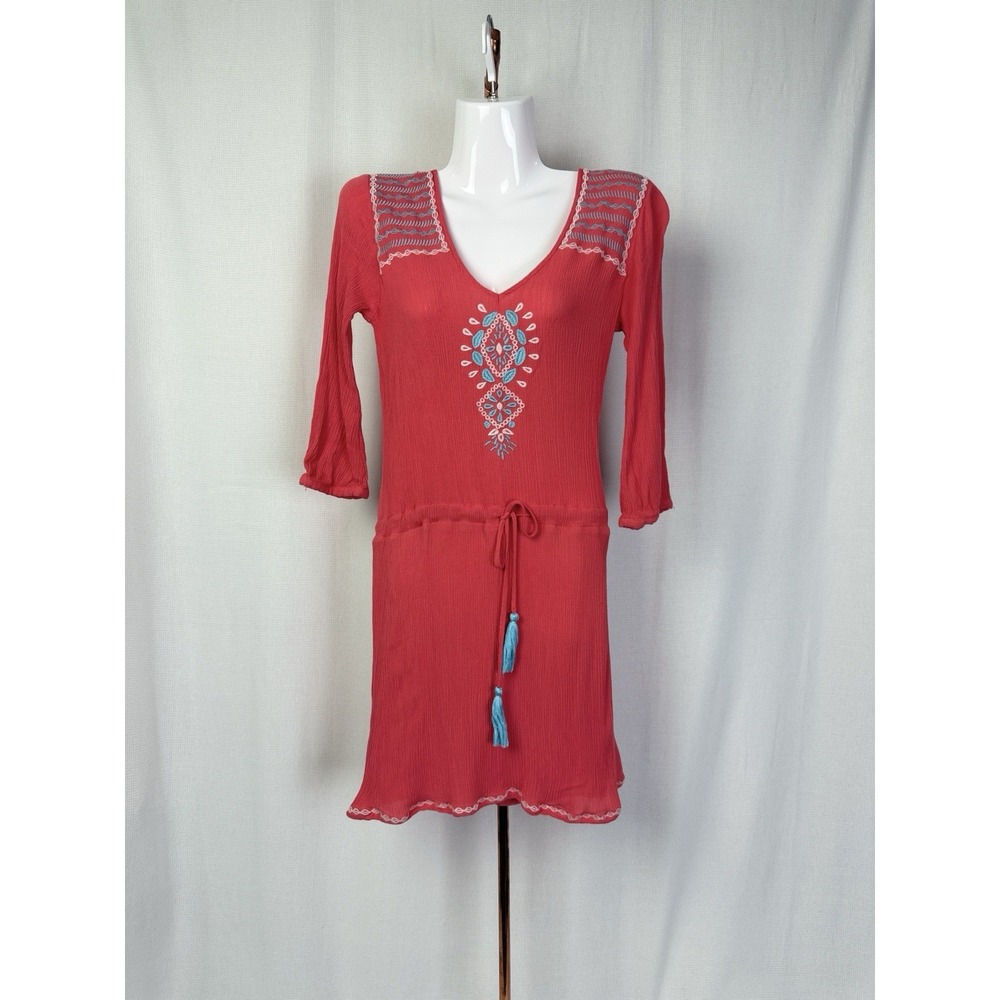 THML Womens Dress XS Pink V Neck 3/4 Sleeve Tasseled Short Pullover Boho